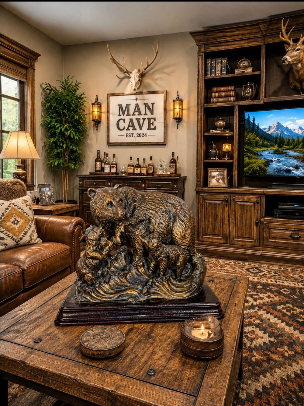 Heavy Bronze Grizzly Mama Bear & Cubs Sculpture/Statue Animal Wildlife Figurine